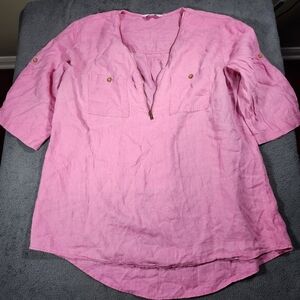 Ellen Tracy Linen Shirt Women XL Pink 1/4 Zip Front Pockets